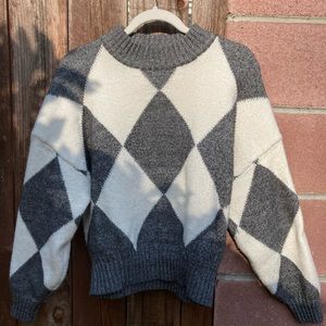 Grey and white argyle print sweater